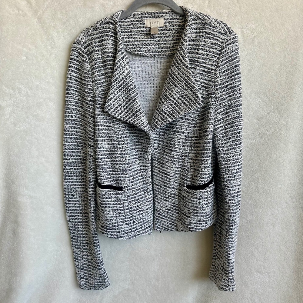 Ann Taylor‎ LOFT Black White Tweed Boucle Knit Blazer Jacket Moto Shacket M